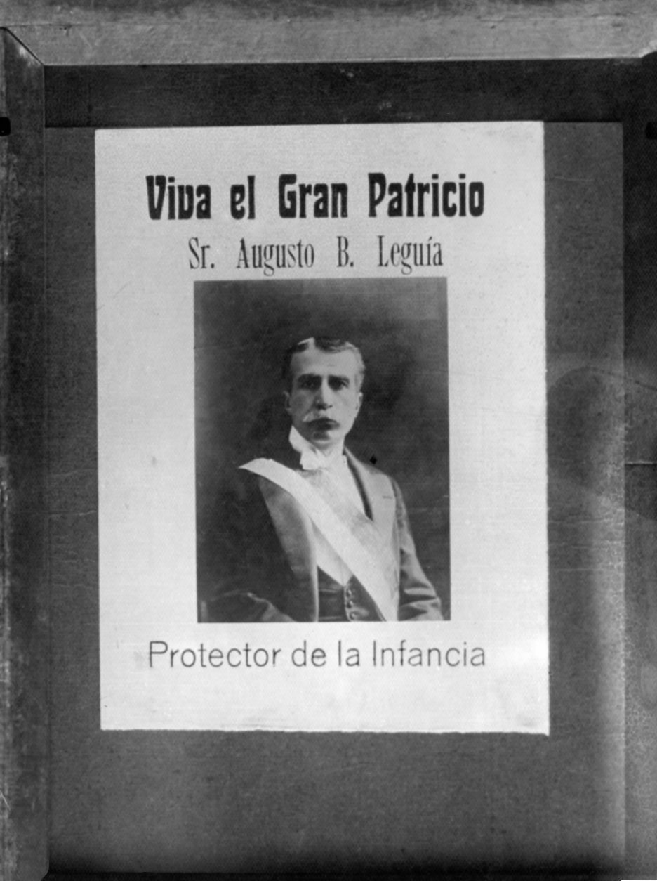 Presidente Augusto B. Leguía en panel publicitario, c. 1920