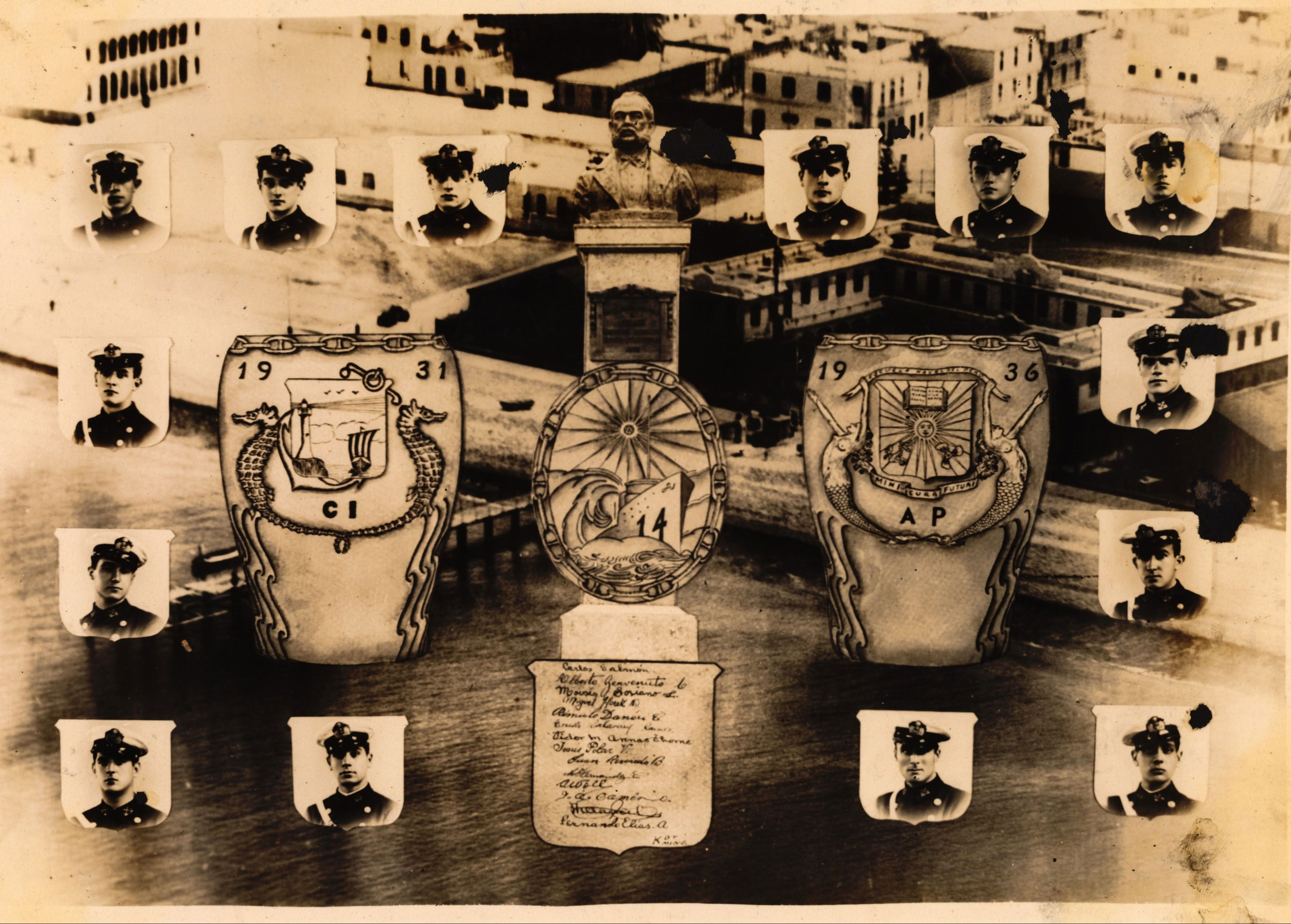 Alegoría con retratos de los cadetes de la Escuela Naval del Perú, promoción 1931-1936